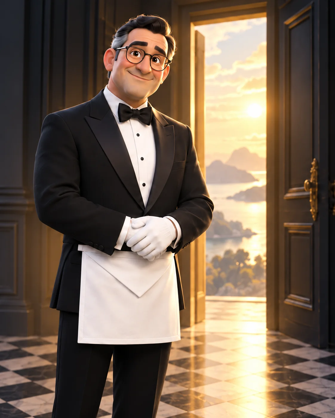 A Brother in black tie and a plain white apron welcomes you at an open doorway.