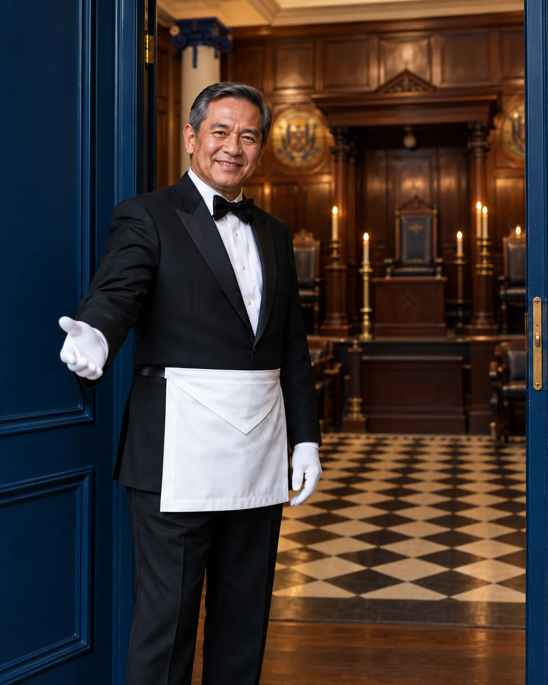 A Brother in black tie welcomes you into a wood-panelled Lodge room.